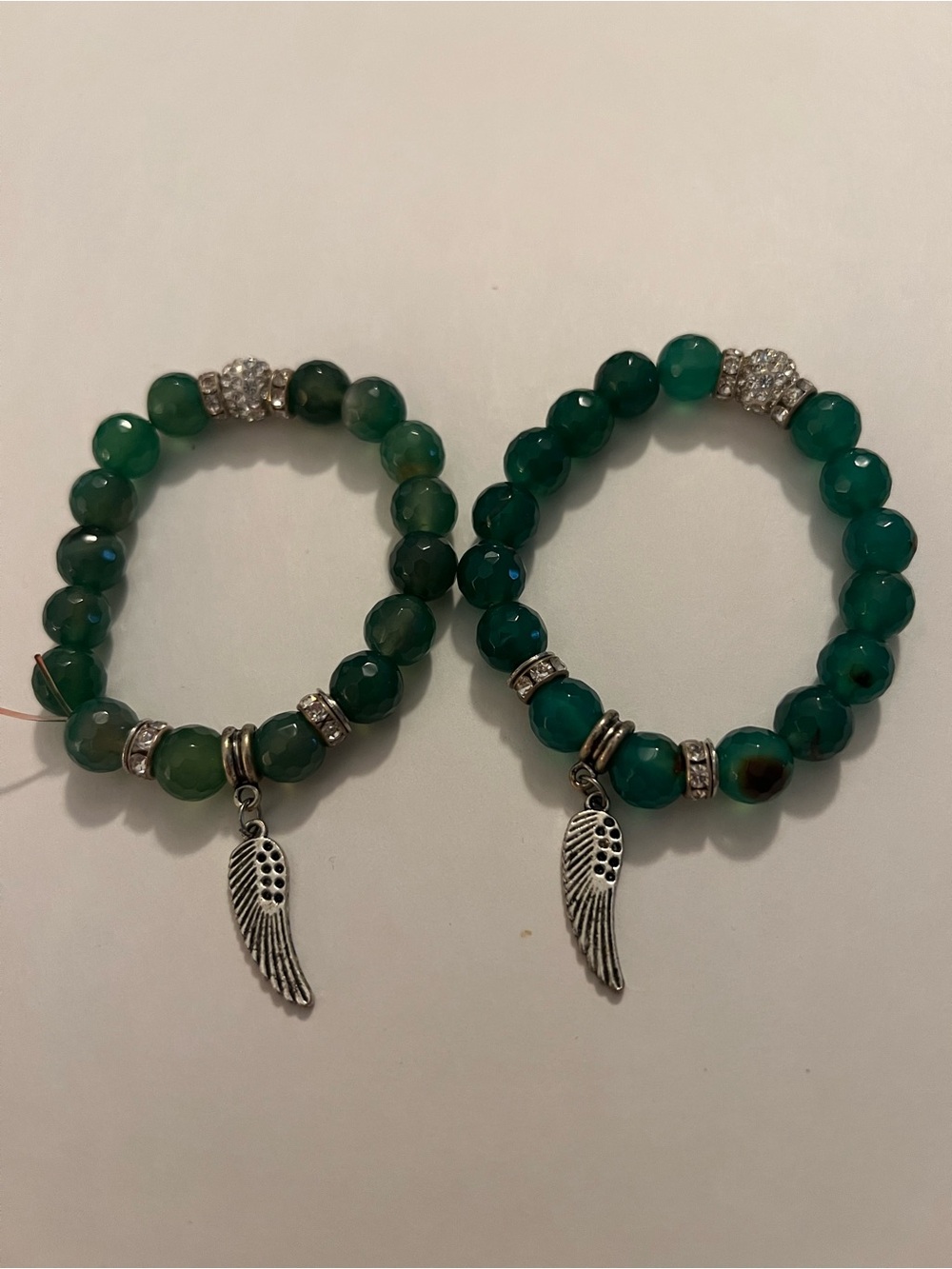 Green Beaded Angel Wing Stretch Bracelet - Unbranded